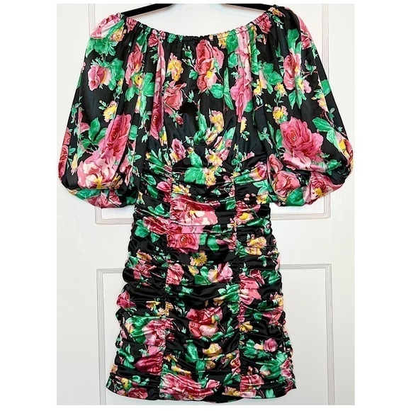 NWT FOR LOVE & LEMONS Floral Satin Puff Sleeve Open Back Ruched Bodycon Dress S - Picture 9 of 14